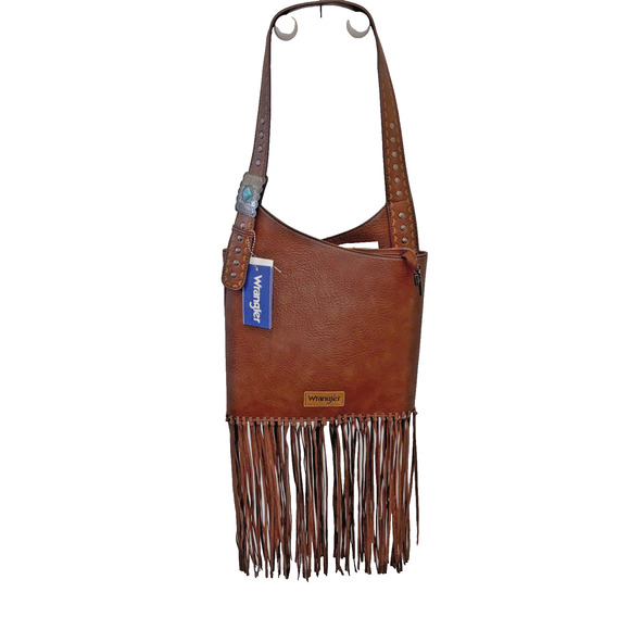 Wrangler Handbags - Wrangler Brown Faux Leather Shoulder Purse Bag Long Fringe Turquoise Stud Strap